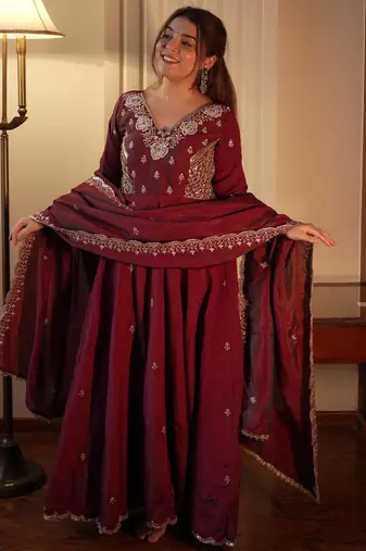 Brown vichitra readymade anarkali suit with beads sequence & embroidery work