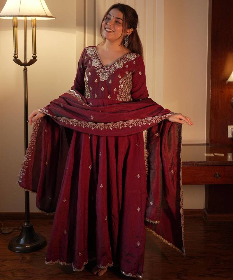 Brown vichitra readymade anarkali suit with beads sequence & embroidery work