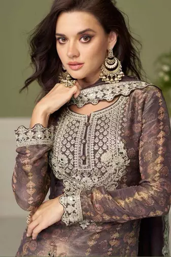 Grey chinon readymade plazzo suit with embroidery work