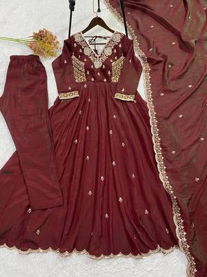 Brown vichitra readymade anarkali suit with beads sequence & embroidery work 2