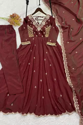 Brown vichitra readymade anarkali suit with beads sequence & embroidery work