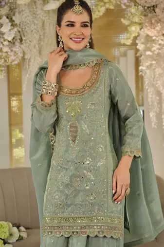 Blue dolla silk readymade plazzo suit with embroidery  work