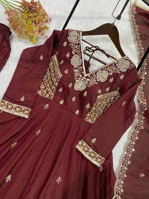Brown vichitra readymade anarkali suit with beads sequence & embroidery work 3