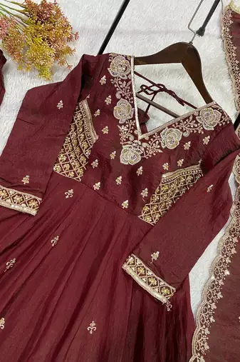 Brown vichitra readymade anarkali suit with beads sequence & embroidery work
