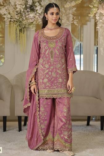 Purple dolla silk readymade plazzo suit with embroidery work