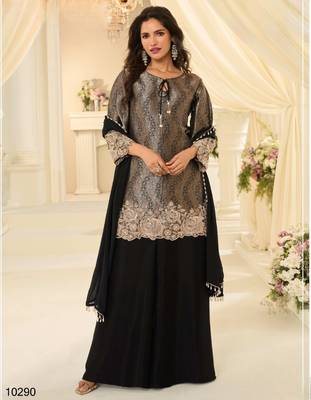 Black chinon readymade plazzo suit with embroidery work 1