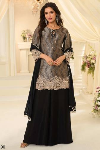 Black chinon readymade plazzo suit with embroidery work