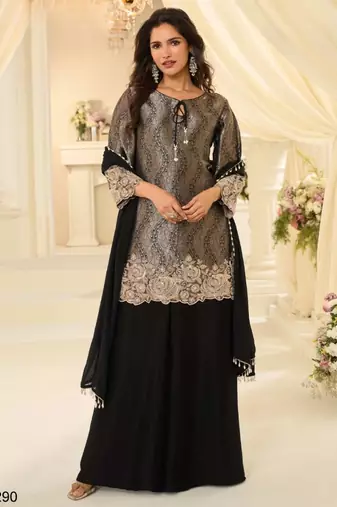Black chinon readymade plazzo suit with embroidery work