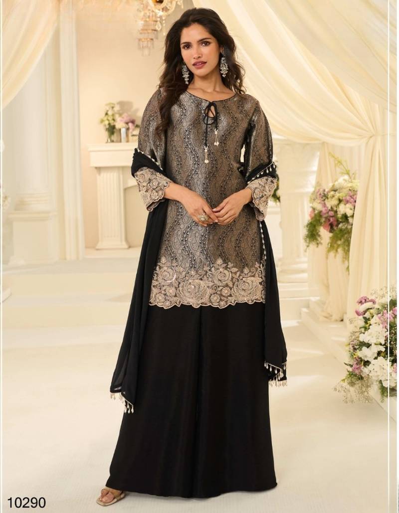 Black chinon readymade plazzo suit with embroidery work