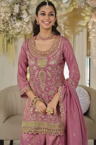 Purple dolla silk readymade plazzo suit with embroidery  work