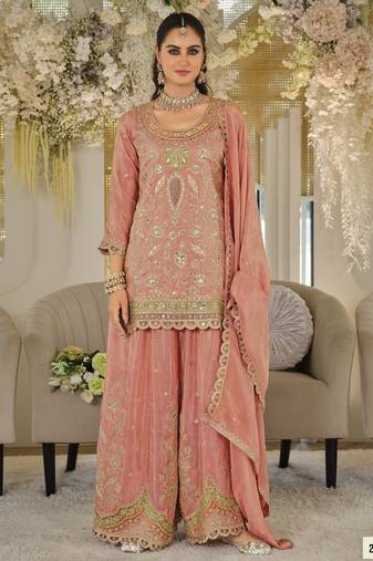 Orange dolla silk readymade plazzo suit with embroidery work