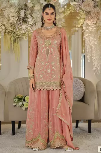 Orange dolla silk readymade plazzo suit with embroidery  work