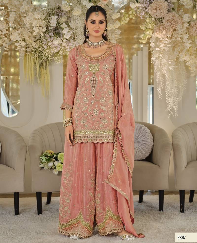 Orange dolla silk readymade plazzo suit with embroidery  work