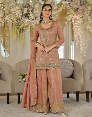 Orange dolla silk readymade plazzo suit with embroidery  work 3