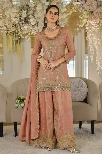 Orange dolla silk readymade plazzo suit with embroidery  work