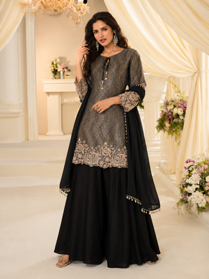 Black chinon readymade plazzo suit with embroidery work 2