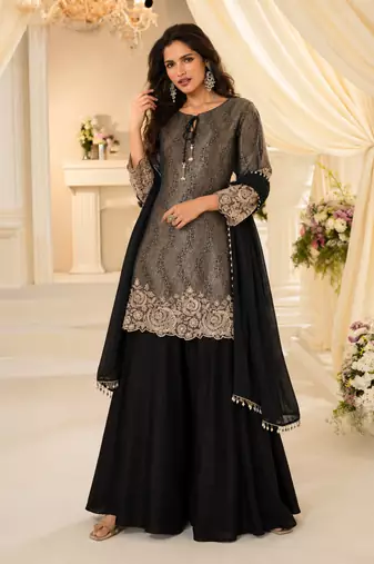 Black chinon readymade plazzo suit with embroidery work