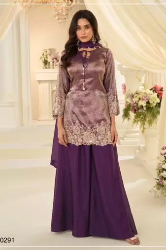 Purple chinon readymade plazzo suit with embroidery work