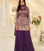 Purple chinon readymade plazzo suit with embroidery work