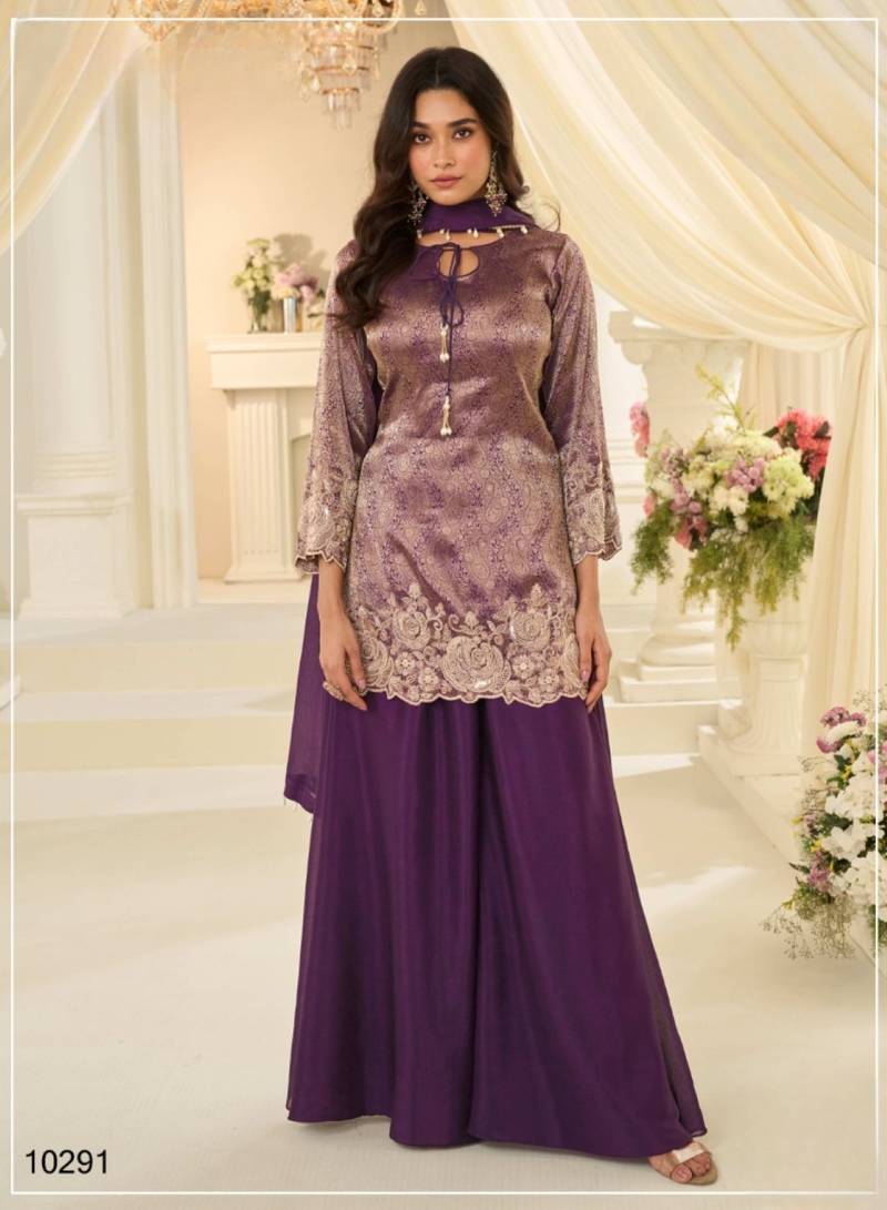 Purple chinon readymade plazzo suit with embroidery work