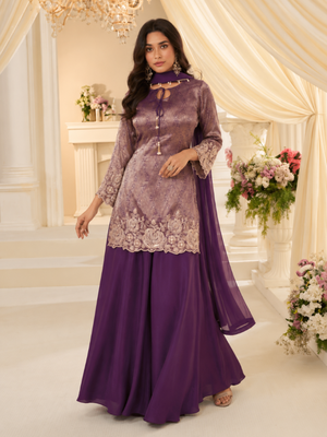 Purple chinon readymade plazzo suit with embroidery work 2