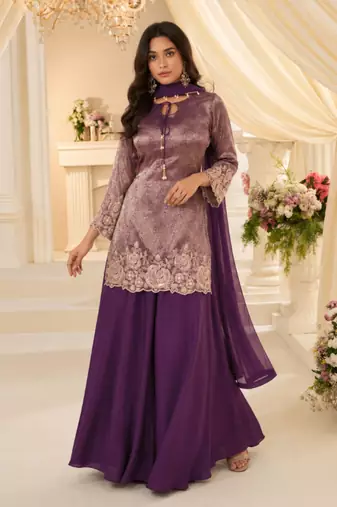 Purple chinon readymade plazzo suit with embroidery work