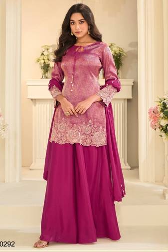 Magenta chinon readymade plazzo suit with embroidery work