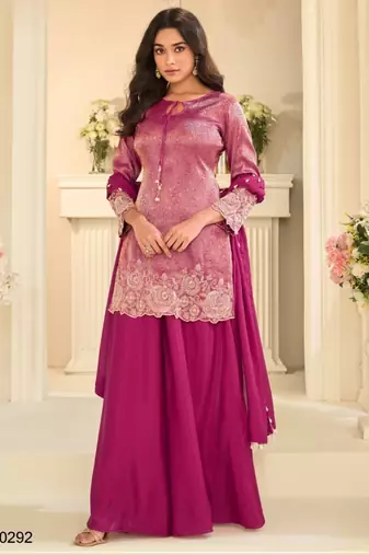 Magenta chinon readymade plazzo suit with embroidery work