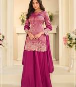 Magenta chinon readymade plazzo suit with embroidery work