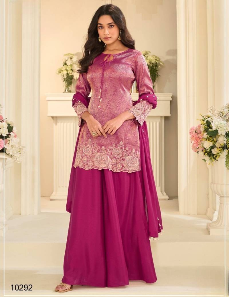 Magenta chinon readymade plazzo suit with embroidery work
