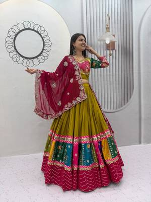 Olive Embroidery Thread sequin and Lace Work Cotton Lehenga Choli Set 1