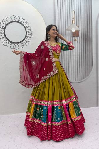 Olive Embroidery Thread sequin and Lace Work Cotton Lehenga Choli Set