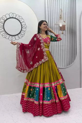 Olive Embroidery Thread sequin and Lace Work Cotton Lehenga Choli Set