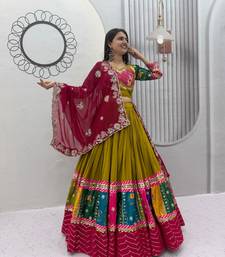 Olive Embroidery Thread sequin and Lace Work Cotton Lehenga Choli Set