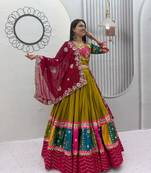 Olive Embroidery Thread sequin and Lace Work Cotton Lehenga Choli Set