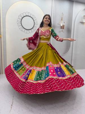Olive Embroidery Thread sequin and Lace Work Cotton Lehenga Choli Set 2