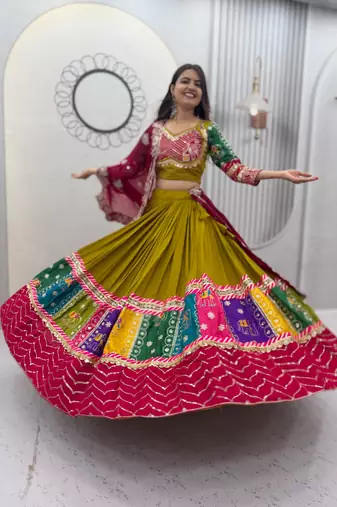 Olive Embroidery Thread sequin and Lace Work Cotton Lehenga Choli Set