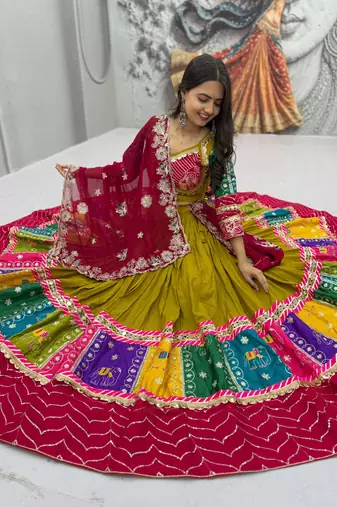 Olive Embroidery Thread sequin and Lace Work Cotton Lehenga Choli Set