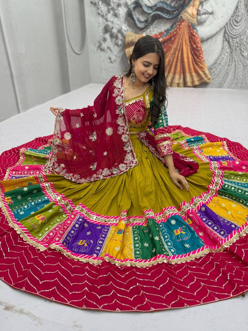 Olive Embroidery Thread sequin and Lace Work Cotton Lehenga Choli Set
