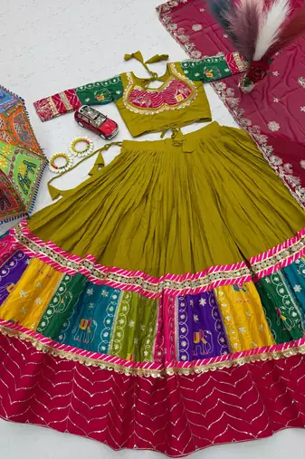 Olive Embroidery Thread sequin and Lace Work Cotton Lehenga Choli Set