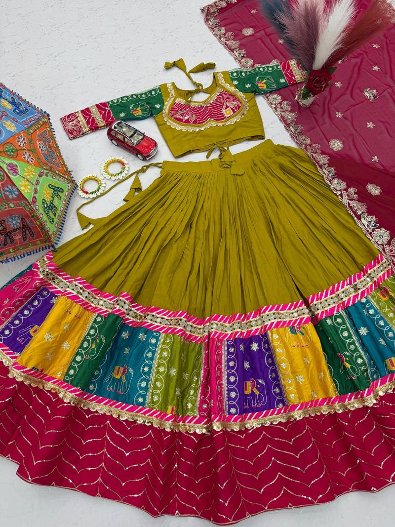Olive Embroidery Thread sequin and Lace Work Cotton Lehenga Choli Set