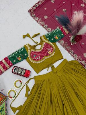 Olive Embroidery Thread sequin and Lace Work Cotton Lehenga Choli Set 5