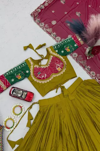 Olive Embroidery Thread sequin and Lace Work Cotton Lehenga Choli Set
