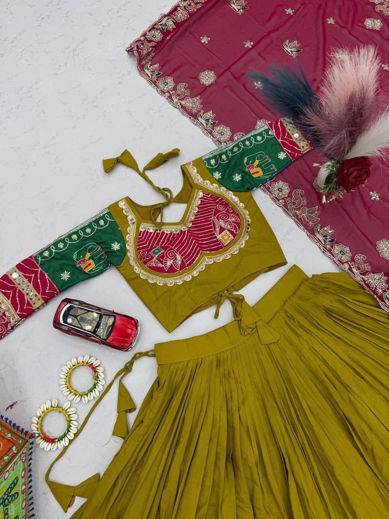 Olive Embroidery Thread sequin and Lace Work Cotton Lehenga Choli Set