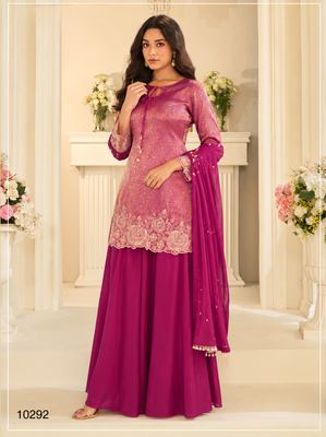 Magenta chinon readymade plazzo suit with embroidery work 2