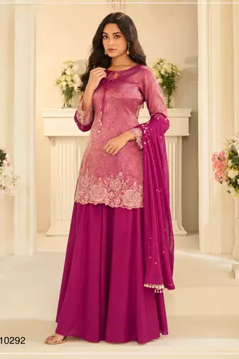 Magenta chinon readymade plazzo suit with embroidery work