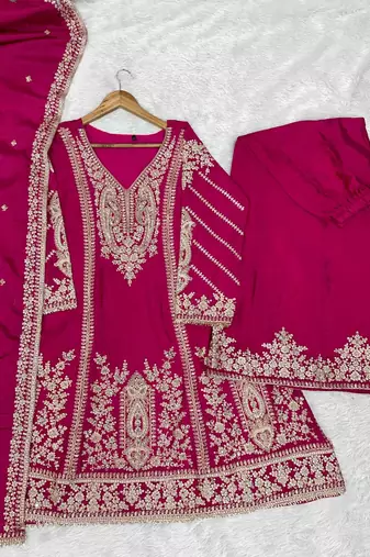 Rani chinon readymade plazzo suit with embroidery sequence work