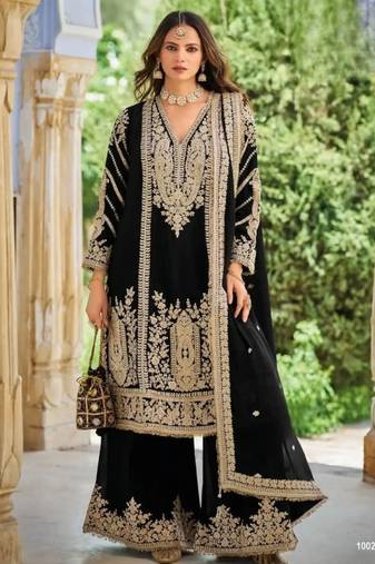 Black chinon readymade plazzo suit with embroidery sequence work