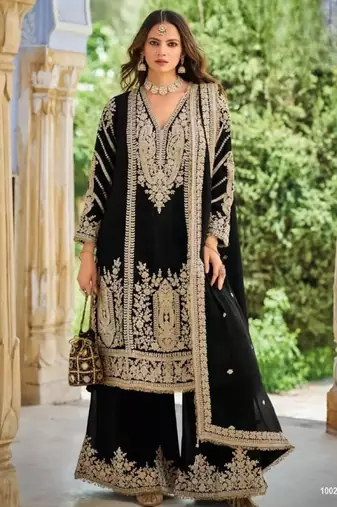 Black chinon readymade plazzo suit with embroidery sequence work