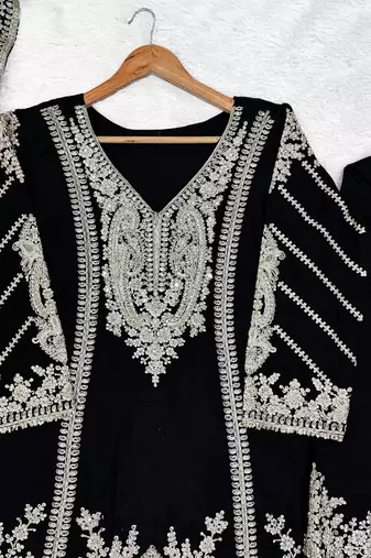 Black chinon readymade plazzo suit with embroidery sequence work